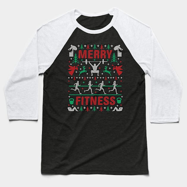 Funny Merry Fitness Exercise Gym Ugly Christmas Sweater Party Baseball T-Shirt by TeeCreations
